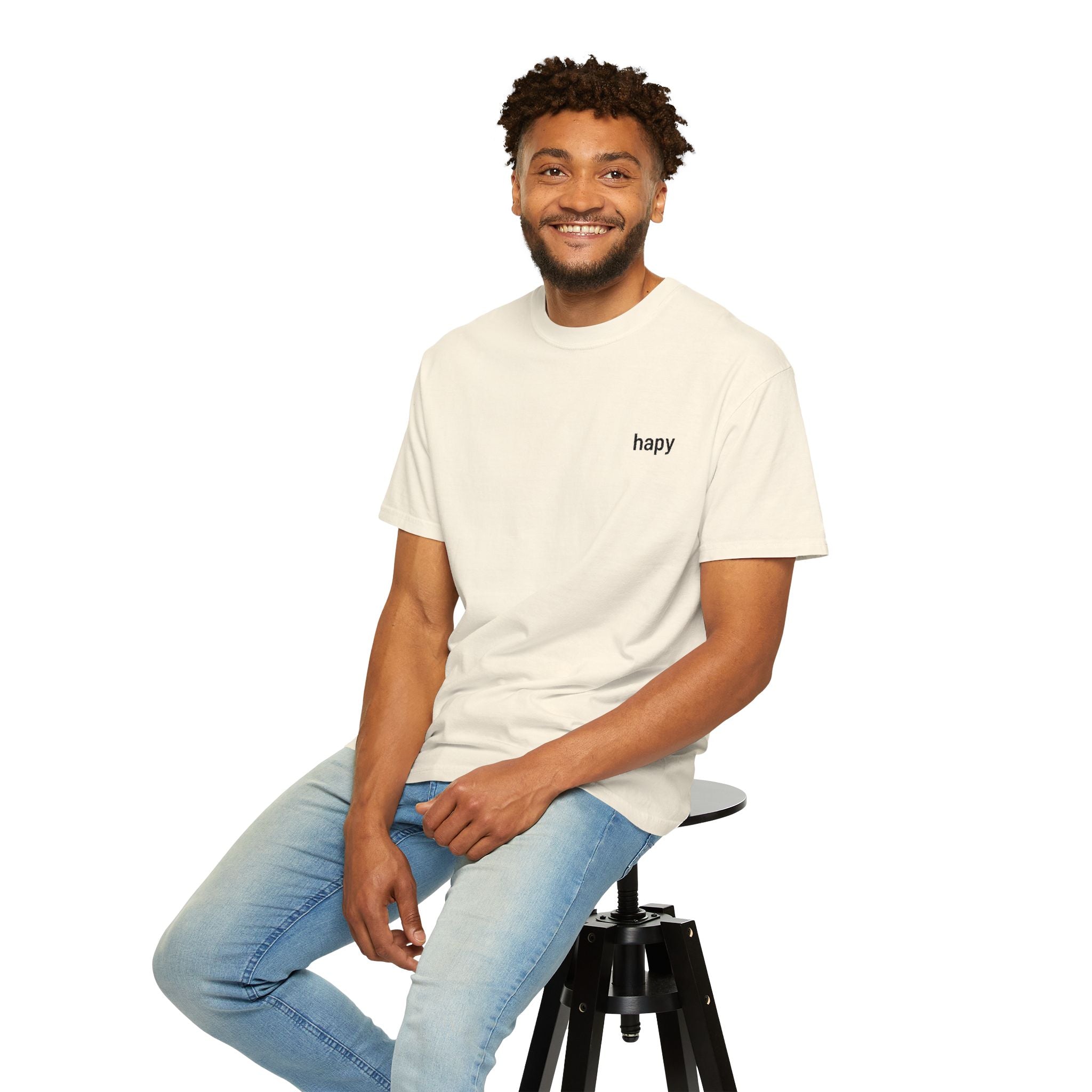 T-Shirt — Minimal "happy" Chest Script Tee