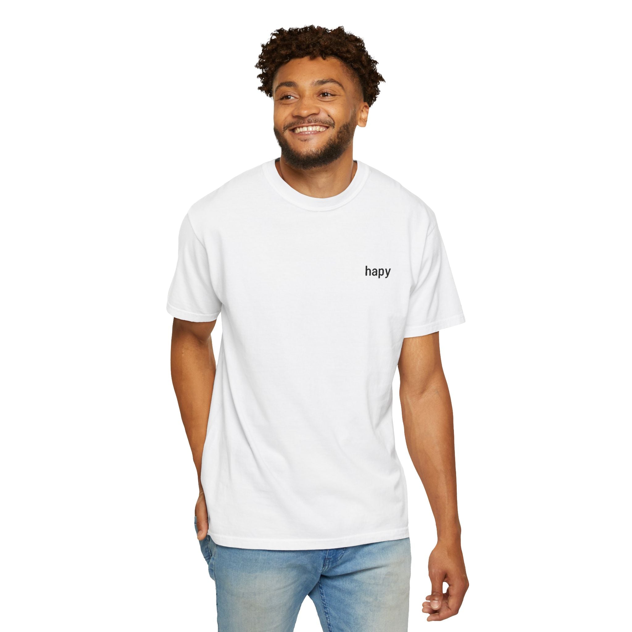 T-Shirt — Minimal "happy" Chest Script Tee
