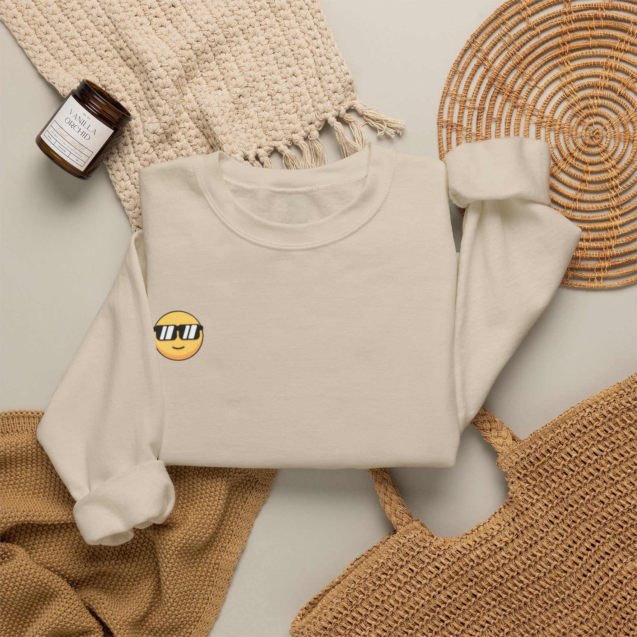 Cool Sunglasses Emoji Crewneck Sweatshirt — Small Chest Graphic, Casual Streetwear