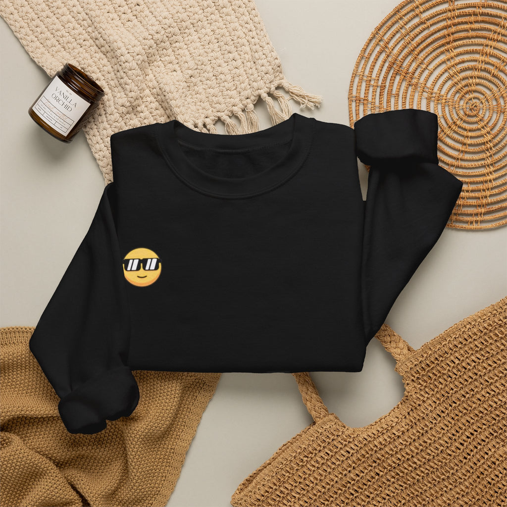 Cool Sunglasses Emoji Crewneck Sweatshirt — Small Chest Graphic, Casual Streetwear