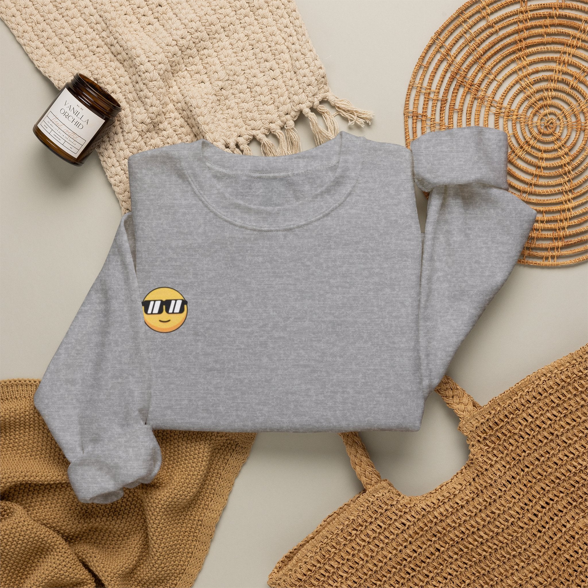 Cool Sunglasses Emoji Crewneck Sweatshirt — Small Chest Graphic, Casual Streetwear