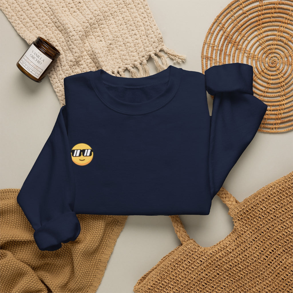 Cool Sunglasses Emoji Crewneck Sweatshirt — Small Chest Graphic, Casual Streetwear