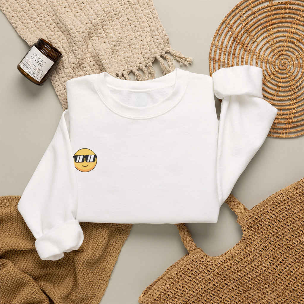 Cool Sunglasses Emoji Crewneck Sweatshirt — Small Chest Graphic, Casual Streetwear