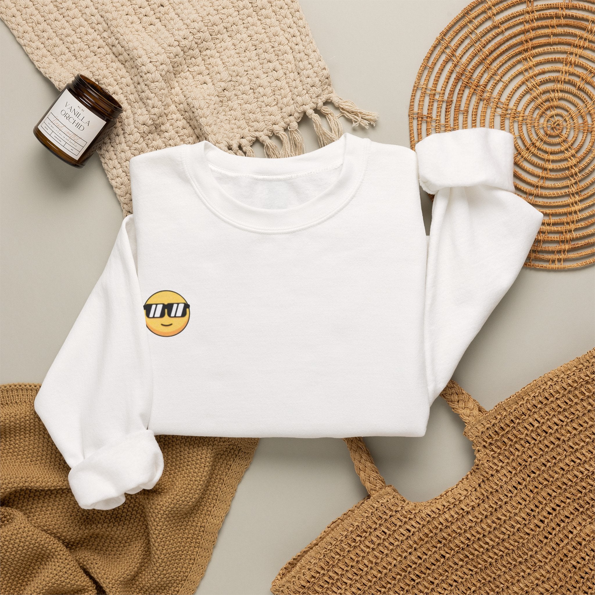 Cool Sunglasses Emoji Crewneck Sweatshirt — Small Chest Graphic, Casual Streetwear