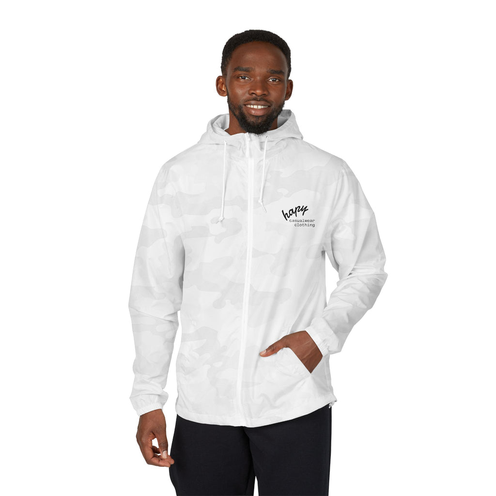 Windbreaker Jacket — Minimal White Camo ‘Bossy’ Script Chest Design